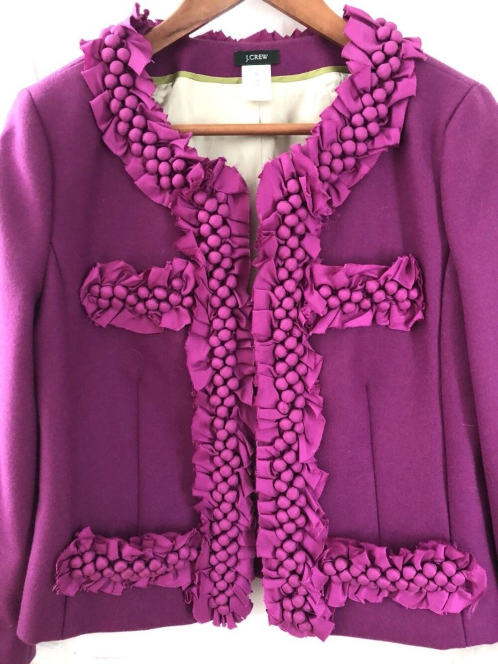 J. Crew Purple Wool Jacket With Silk Pompom Trim | Size 0